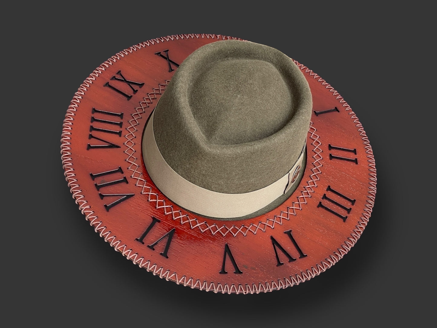 TomHats Wool Felt Outback  Hat with Teca wood brim - Roman Numerals Clock