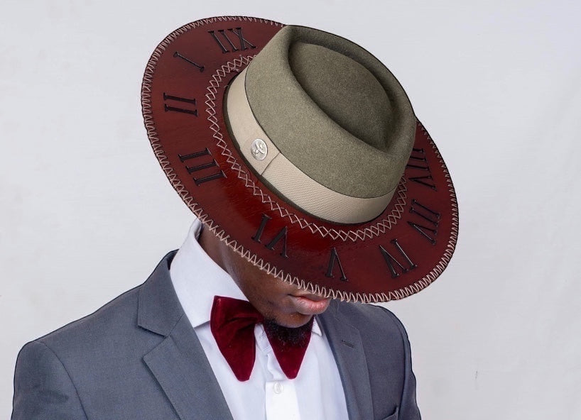 TomHats Wool Felt Outback  Hat with Teca wood brim - Roman Numerals Clock