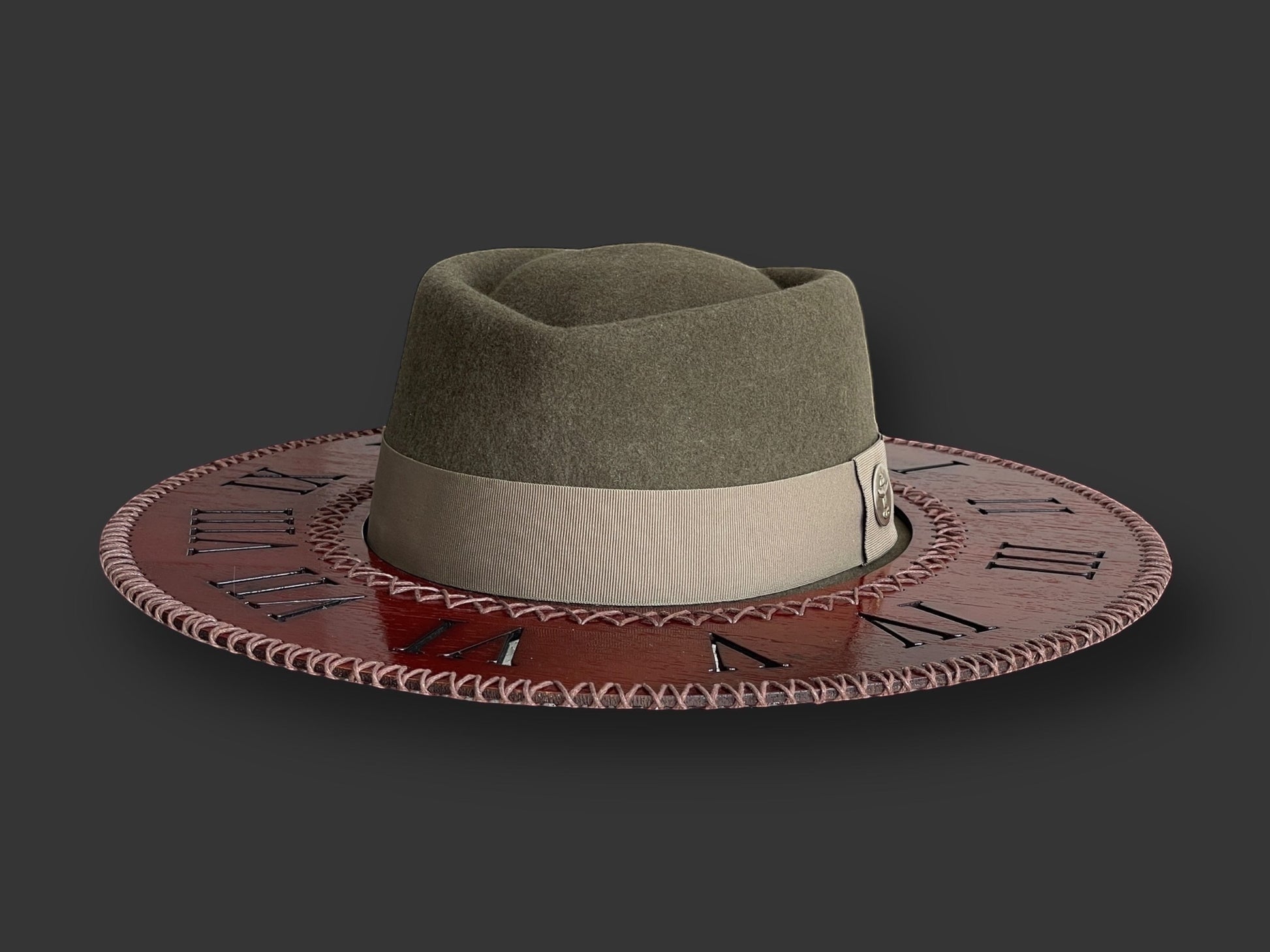 TomHats Wool Felt Outback  Hat with Teca wood brim - Roman Numerals Clock