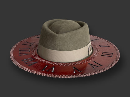 TomHats Wool Felt Outback  Hat with Teca wood brim - Roman Numerals Clock