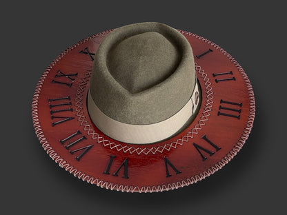 TomHats Wool Felt Outback  Hat with Teca wood brim - Roman Numerals Clock