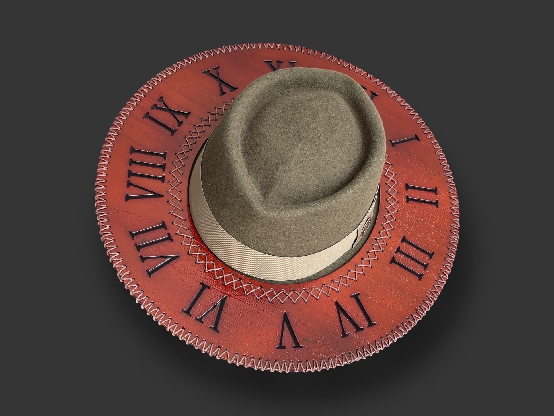 TomHats Wool Felt Outback  Hat with Teca wood brim - Roman Numerals Clock