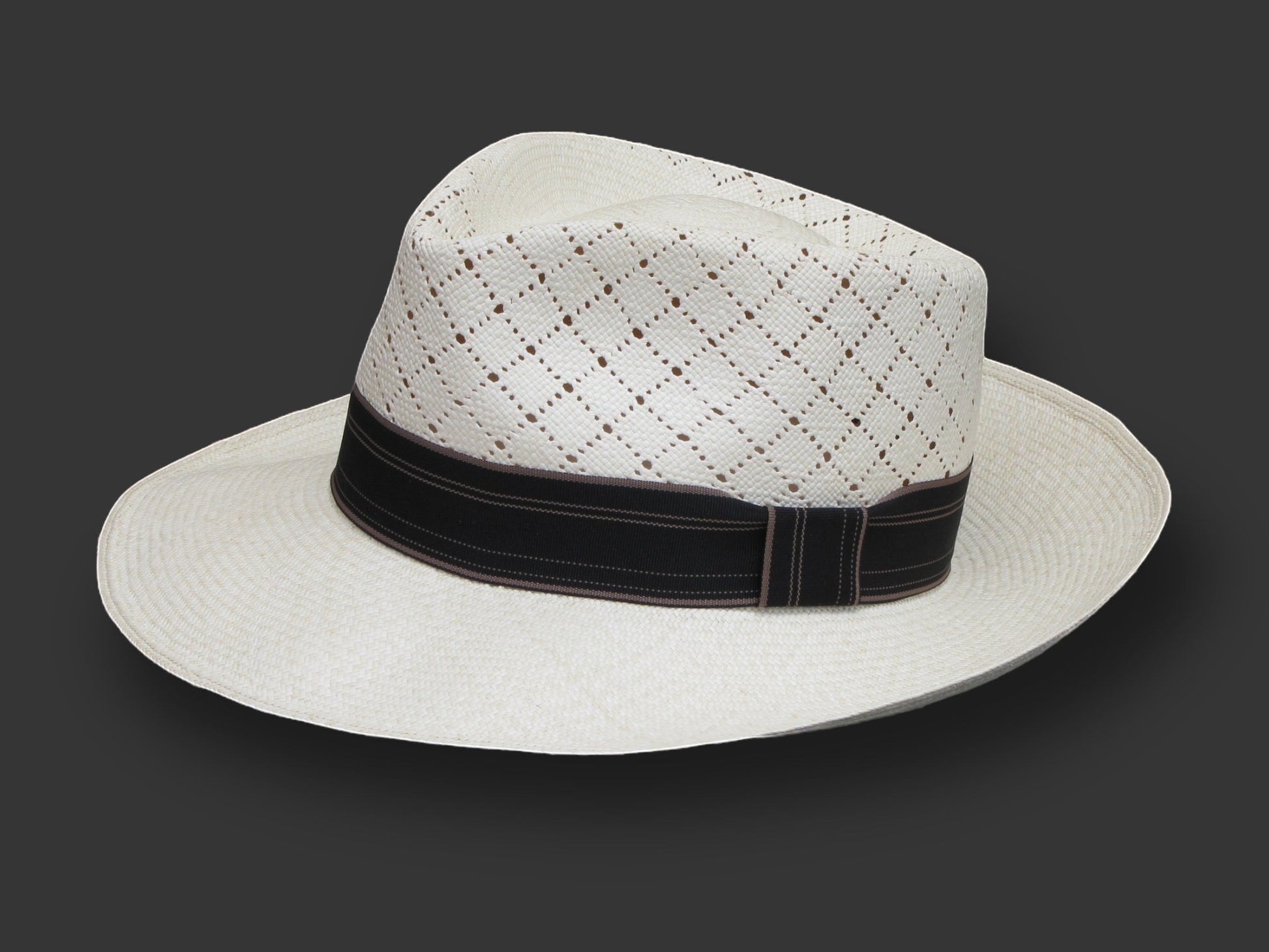 TomHats Havana Panama hat made of light-colored straw with a ventilated diamond pattern and a black hatband.