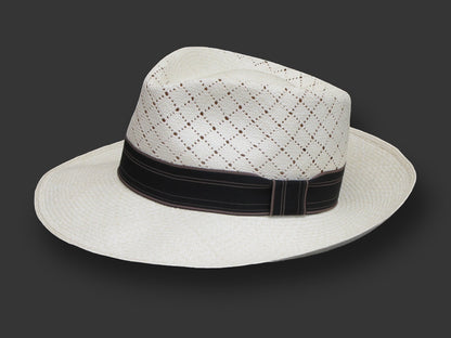 TomHats Havana Panama hat made of light-colored straw with a ventilated diamond pattern and a black hatband.