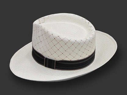 TomHats Havana Panama hat made of light-colored straw with a ventilated diamond pattern and a black hatband.