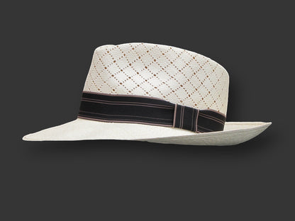 TomHats Havana Panama hat made of light-colored straw with a ventilated diamond pattern and a black hatband.