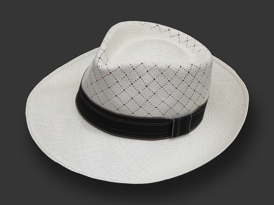 TomHats Havana Panama hat made of light-colored straw with a ventilated diamond pattern and a black hatband.
